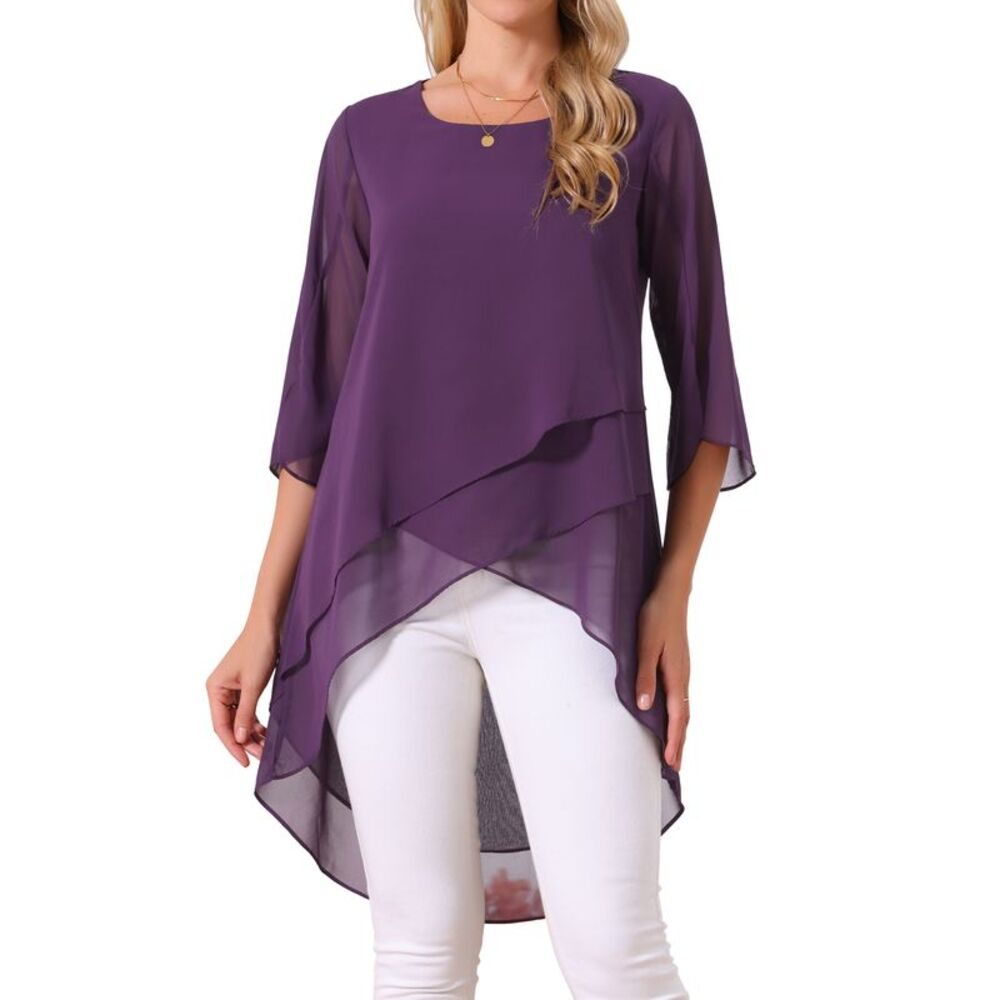 Scoop Neck Chiffon Asymmetrical Shirt 3/4 Sleeve Casual Tops Dark Purple